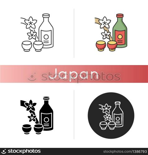 Sake icon. Japanese rice wine and sakura branch. Korean soju drink with two mugs. Asian liquor in bottle with shot cups. Linear black and RGB color styles. Isolated vector illustrations. Sake icon
