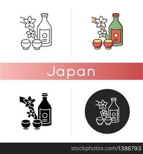 Sake icon. Japanese rice wine and sakura branch. Korean soju drink with two mugs. Asian liquor in bottle with shot cups. Linear black and RGB color styles. Isolated vector illustrations. Sake icon