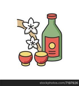 Sake RGB color icon. Japanese rice wine and sakura branch. Korean soju drink with two mugs. Asian liquor in bottle with shot cups. Alcohol beverage in glass. Isolated vector illustration