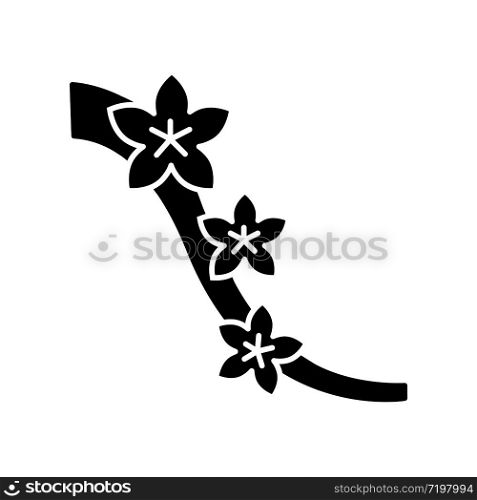 Sakura black glyph icon. Cherry blossom on tree branch. Japanese hanami. Flourish on twig. Springtime blooming flower. Botany, nature. Silhouette symbol on white space. Vector isolated illustration