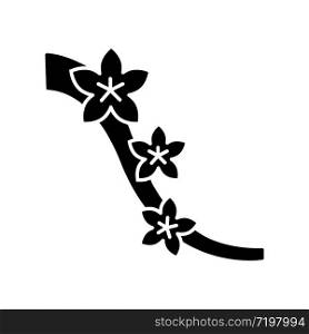 Sakura black glyph icon. Cherry blossom on tree branch. Japanese hanami. Flourish on twig. Springtime blooming flower. Botany, nature. Silhouette symbol on white space. Vector isolated illustration