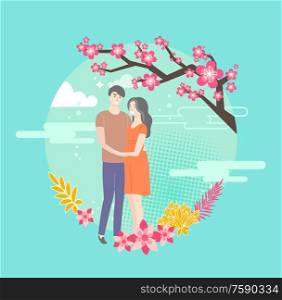 Sakura blossom and hugging young people in love. Vector blooming spring flowers and male and woman happy dating couple in round circle on blue skies. Sakura Blossom and Hugging Young People in Love