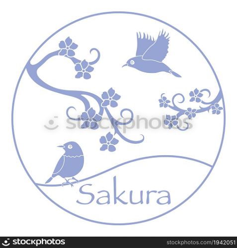 Sakura branches and japanese birds. Japan traditional design elements. Branches of cherry blossoms. Travel and leisure.