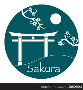 Sakura branches and torii, ritual gates. Japan traditional design elements. Branches of cherry blossoms. Travel and leisure.