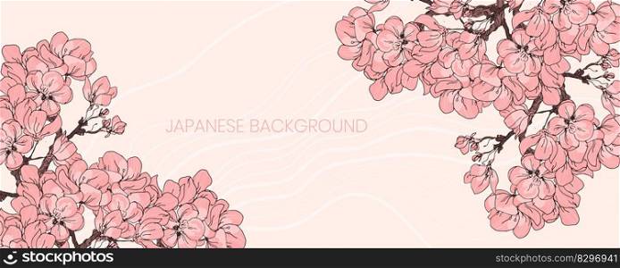 Sakura cherry blossom in bloom japanese vector background. Horizontal banner. Sakura cherry blossom in bloom japanese vector background