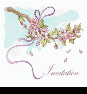 Sakura cherry invitation card template with pink petals and ribbon decorative vector illustration