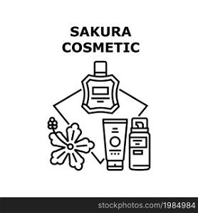 Sakura Cosmetic Vector Icon Concept. Natural Tree Flower Sakura Cosmetic And Perfume Packaging. Flower Aromatic Organic Cream, Foam And Essence. Hygiene Cosmetology Black Illustration. Sakura Cosmetic Vector Concept Black Illustration