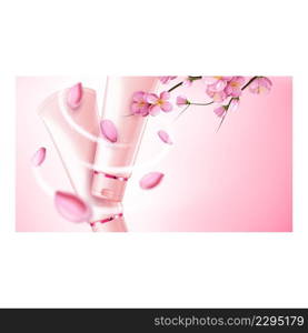 Sakura Cream Creative Promotional Banner Vector. Sakura Cream Blank Tubes, Tree Branch And Flowers On Advertising Poster. Skin Moisturizing And Protect Cosmetic Stylish Concept Template Illustration. Sakura Cream Creative Promotional Banner Vector