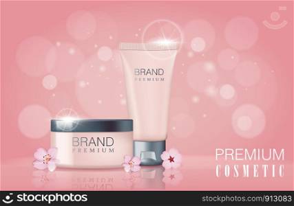 Sakura flower cosmetic promotional poster template. Two exquisite containers with flowers and sunlight effect isolated on pink background. Vector illustration