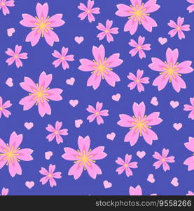 Sakura flower on blue background vector illustration. Cute floral print.. Sakura flower seamless pattern. Japanese cherry print. Romantic spring floral Illustration in flat cartoon style on blue background.