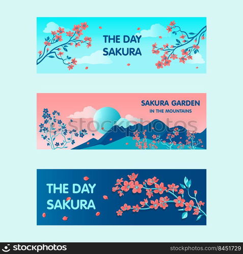 Sakura garden banners design for promotion. Bright modern blooming flowers and branches. Japan and spring concept. Template for poster, promotion or web design