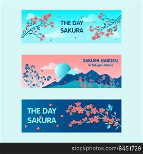 Sakura garden banners design for promotion. Bright modern blooming flowers and branches. Japan and spring concept. Template for poster, promotion or web design