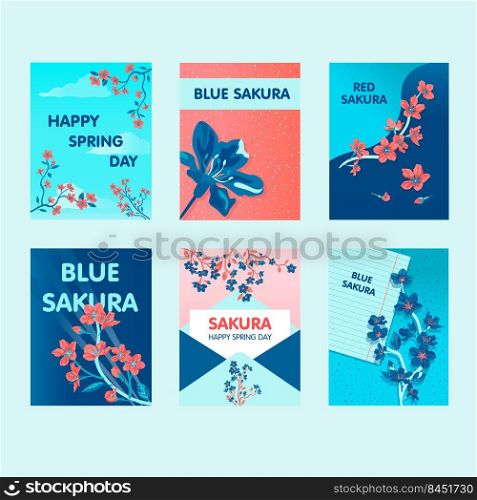 Sakura greeting card designs with best wishes. Creative postcards with blooming flowers on branch. Japan and spring day concept. Template for promotional postcard or brochure