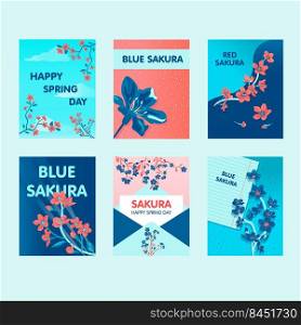 Sakura greeting card designs with best wishes. Creative postcards with blooming flowers on branch. Japan and spring day concept. Template for promotional postcard or brochure