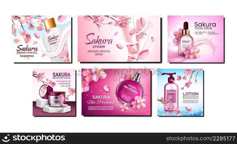 Sakura Natural Cosmetics Promo Posters Set Vector. Sakura Shampoo And Cream, Perfume And Lotion Blank Packages On Advertising Banners. Bio Cosmetology Style Concept Template Illustrations. Sakura Natural Cosmetics Promo Posters Set Vector