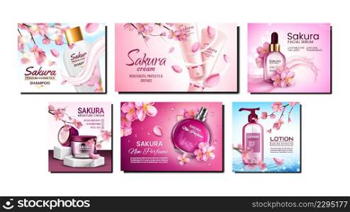 Sakura Natural Cosmetics Promo Posters Set Vector. Sakura Shampoo And Cream, Perfume And Lotion Blank Packages On Advertising Banners. Bio Cosmetology Style Concept Template Illustrations. Sakura Natural Cosmetics Promo Posters Set Vector