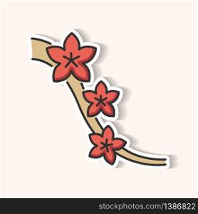 Sakura patch. Cherry blossom on tree branch. Japanese hanami. Flourish on twig. Springtime blooming flower. Botany, nature. RGB color printable sticker. Vector isolated illustration. Sakura patch. Cherry blossom on tree branch