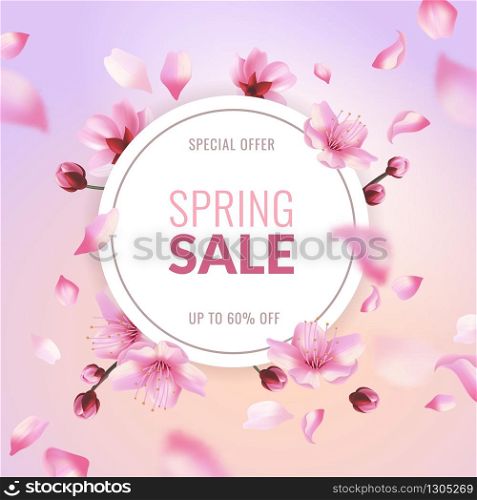 Sakura sale. Spring discount, pink cherry blossom flowers and flying petals, floral garden decor for web japanese voucher and banners vector poster. Sakura sale. Spring discount, pink cherry blossom flowers and flying petals, floral decor for web japanese voucher and banners vector poster