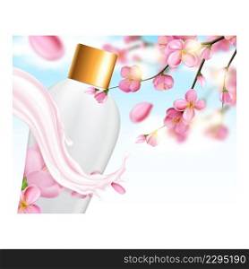 Sakura Sh&oo Creative Promotion Banner Vector. Sakura Sh&oo Blank Packaging, Tree Branch With Flowers And Aroma Splash On Advertise Poster. Hair Care Liquid Style Concept Template Illustration. Sakura Sh&oo Creative Promotion Banner Vector