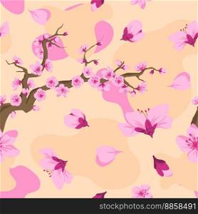 Sakura tree branches in bloom, cherry blossom, petals and flowers. Japa≠se or Chi≠se flora, garden during spring seasons. Seam≤ss pattern or background pr∫, wallpaper. Vector in flat sty≤. Cherry blossom tree branches and flowers vector
