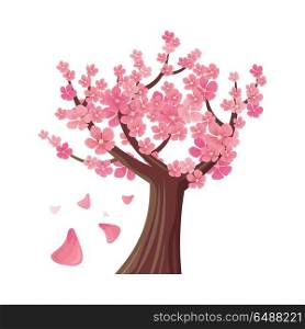 Sakura Tree Isolated. Cherry Blossom. Vector. Sakura tree isolated on white. Full blossom of traditional asian cherry tree, with falling petals. Japanese cherry, Prunus serrulata. Cherry blossom. National flower of Japan. Pink flowers. Vector