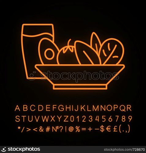 Salad and cold drink neon light icon. Healthy nutrition. Salad bar. Vegetarian food. Restaurant or cafe menu. Right business lunch menu. Glowing alphabet, numbers. Vector isolated illustration. Salad and cold drink neon light icon