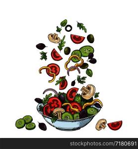Salad background. Hand drawn healthy food ingredients. Mushrooms cucumbers, tomatoes olives and lettuce leaves. Vector vegetarian meal. Illustration of salad organic pepper and mushroom. Salad background. Hand drawn healthy food ingredients. Mushrooms cucumbers, tomatoes olives and lettuce leaves. Vector vegetarian meal