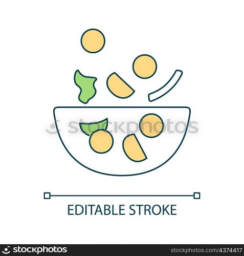 Salad bowl RGB color icon. Cooking fresh healthy meal. Vegan ration. Wellbeing lifestyle. Isolated vector illustration. Simple filled line drawing. Editable stroke. Arial font used. Salad bowl RGB color icon