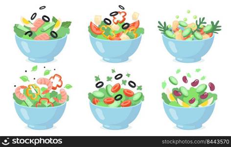 Salad bowls set. Cut green vegetables with eggs, olives, cheese, beans, shrimps. Vector illustrations for fresh food, healthy eating, appetizer, lunch concepts