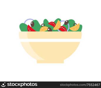 Salad dish in bowl, healthy food vector icon. Cooking vegetables and greens in flat style on white. Seasonal light food, homemade colorful nutrition. Salad, Veggies in Bowl, Color Healthy Food Vector