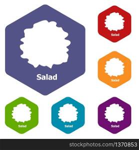 Salad icons vector colorful hexahedron set collection isolated on white. Salad icons vector hexahedron