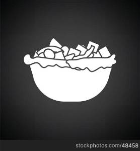 Salad in plate icon. Black background with white. Vector illustration.