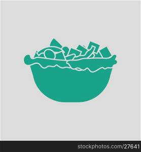 Salad in plate icon. Gray background with green. Vector illustration.