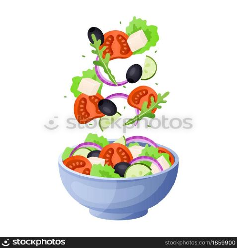 Salad ingredients. Cartoon flying green lettuce leaves, vegetables and eggs. Healthy vegetarian menu. Light summer dieting breakfast. Tomato and cucumber pieces falling in plate. Vector illustration. Salad ingredients. Cartoon flying lettuce leaves, vegetables and eggs. Healthy vegetarian menu. Light summer breakfast. Tomato and cucumber pieces falling in plate. Vector illustration
