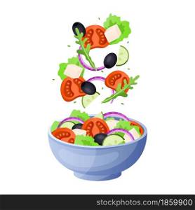 Salad ingredients. Cartoon flying green lettuce leaves, vegetables and eggs. Healthy vegetarian menu. Light summer dieting breakfast. Tomato and cucumber pieces falling in plate. Vector illustration. Salad ingredients. Cartoon flying lettuce leaves, vegetables and eggs. Healthy vegetarian menu. Light summer breakfast. Tomato and cucumber pieces falling in plate. Vector illustration