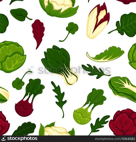 Salad lettuces and cabbage vegetables seamless pattern. Vector background of cauliflower, kohlrabi or broccoli cabbage, iceberg salad leaf and oakleaf with chicory and arugula. Salad lettuces and cabbage vegetables seamless pattern.