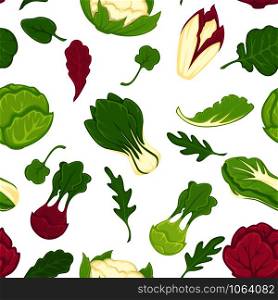 Salad lettuces and cabbage vegetables seamless pattern. Vector background of cauliflower, kohlrabi or broccoli cabbage, iceberg salad leaf and oakleaf with chicory and arugula. Salad lettuces and cabbage vegetables seamless pattern.