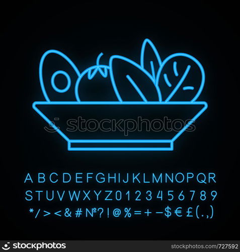 Salad neon light icon. Healthy nutrition. Vegetarian food. Restaurant or cafe menu. Salad bar. Right business lunch menu. Glowing sign with alphabet, numbers and symbols. Vector isolated illustration. Salad neon light icon