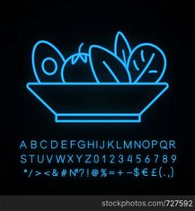 Salad neon light icon. Healthy nutrition. Vegetarian food. Restaurant or cafe menu. Salad bar. Right business lunch menu. Glowing sign with alphabet, numbers and symbols. Vector isolated illustration. Salad neon light icon