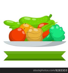 Salad of vegetables on plate - healthy vegetarian lunch. Diet for weight loss with blank text tape - Cartoon flat illustration. Mixture of onion, tomato, carrot, pepper, broccoli and cucumber. Salad of vegetables on plate