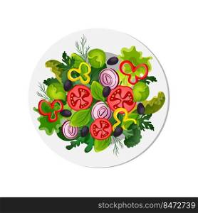 Salad plate. Cartoon organic vegetarian food, healthy and fresh meal concept. Vector illustration fresh vegetable dish healthy lunch. Salad plate. Cartoon organic vegetarian food, healthy and fresh meal concept. Vector illustration