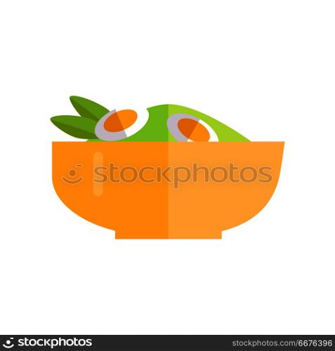 Salad with vegetables and eggs vector Illustration. Flat design. Healthy eating concept. Tasty dish in pink bowl. Picture for culinary recipes, cafe menu illustrating, icons. Isolated on white.. Salad with Vegetables and Eggs Vector.. Salad with Vegetables and Eggs Vector.
