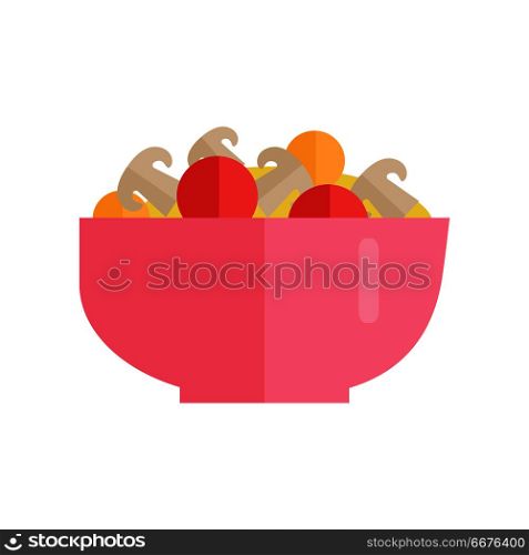 Salad with vegetables and mushrooms vector Illustration. Flat design. Healthy eating concept. Vegetarian dish in pink bowl. Picture for culinary recipes, cafe menu illustrating. Isolated on white.. Salad with Vegetables and Mushrooms Vector.. Salad with Vegetables and Mushrooms Vector.