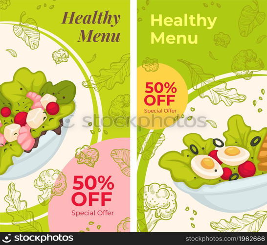 Salads and seafood, healthy recipes and dishes 50 percent off price on food. Leaves and eggs, tomatoes and olives. Cafe or restaurant menu, advertisement banner or poster. Vector in flat style. Healthy menu 50 percent off discount on dishes