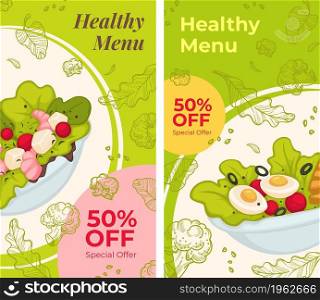 Salads and seafood, healthy recipes and dishes 50 percent off price on food. Leaves and eggs, tomatoes and olives. Cafe or restaurant menu, advertisement banner or poster. Vector in flat style. Healthy menu 50 percent off discount on dishes