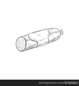 Salami isolated meat sausage sketch. Vector butchery food, beef pepperoni or bavarian frankfurter. Sausage or frankfurter isolated salami meat food