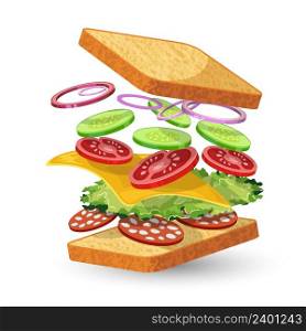Salami sandwich ingredients food emblem with bread onion cucumber tomato cheese lettuce salami isolated vector illustration