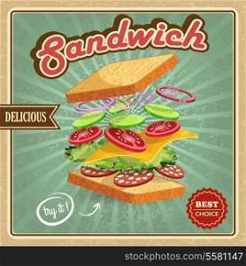 Salami sandwich ingredients poster with bread onion cucumber tomato cheese lettuce vector illustration