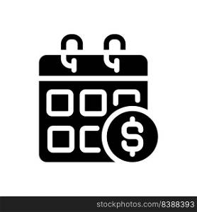 Salary black glyph icon. Monthly income. Regular paycheck. Annual earnings schedule. Paid leave. Employee compensation. Silhouette symbol on white space. Solid pictogram. Vector isolated illustration. Salary black glyph icon
