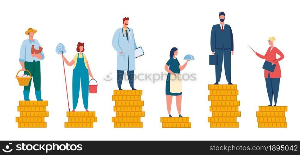 Salary difference, wage gap between rich and poor. People with different incomes, professional income comparison, unequal pay vector concept. Unfair profit for farmer, waitress, teacher and doctor. Salary difference, wage gap between rich and poor. People with different incomes, professional income comparison, unequal pay vector concept